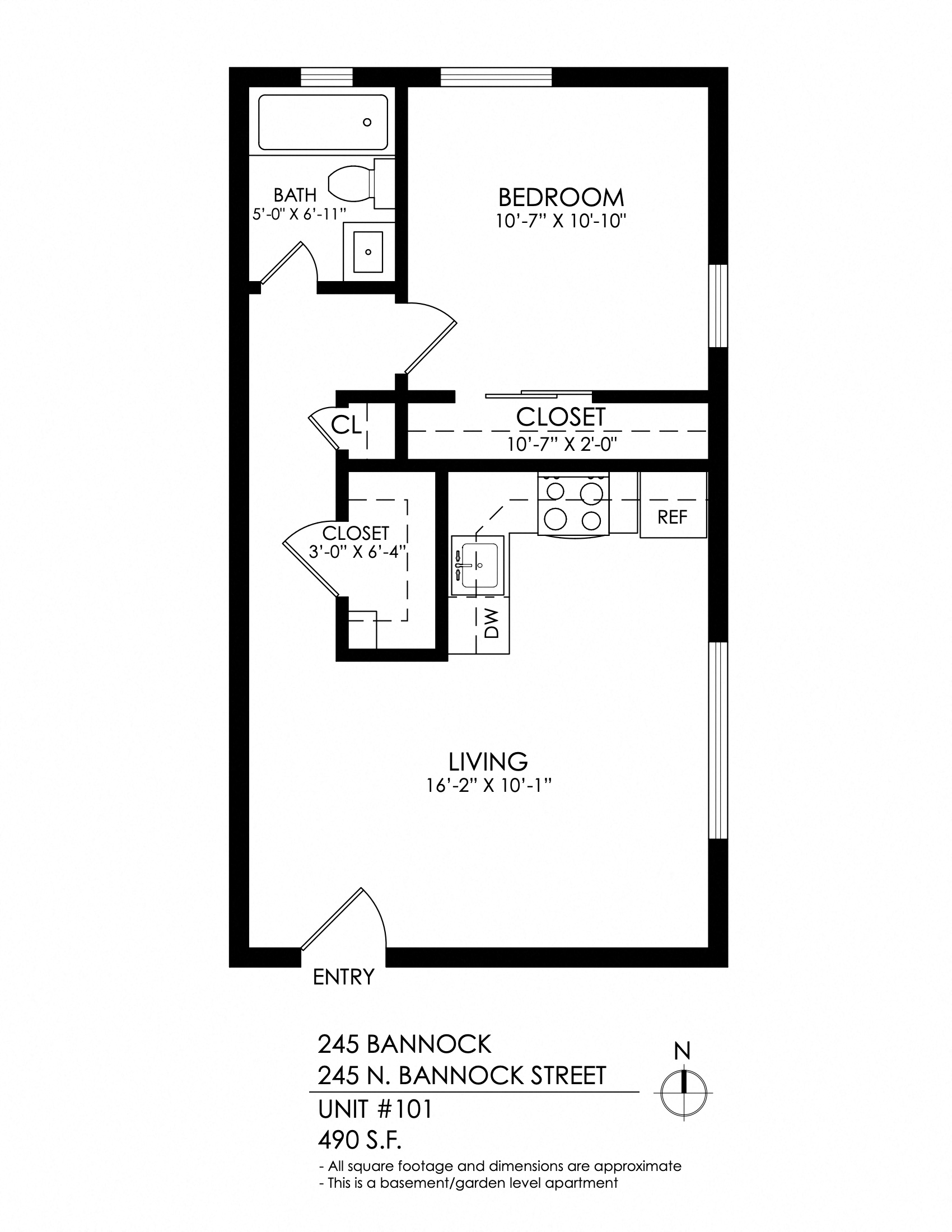 Floor plan for 1 bed, 1 bath, 525 sqft